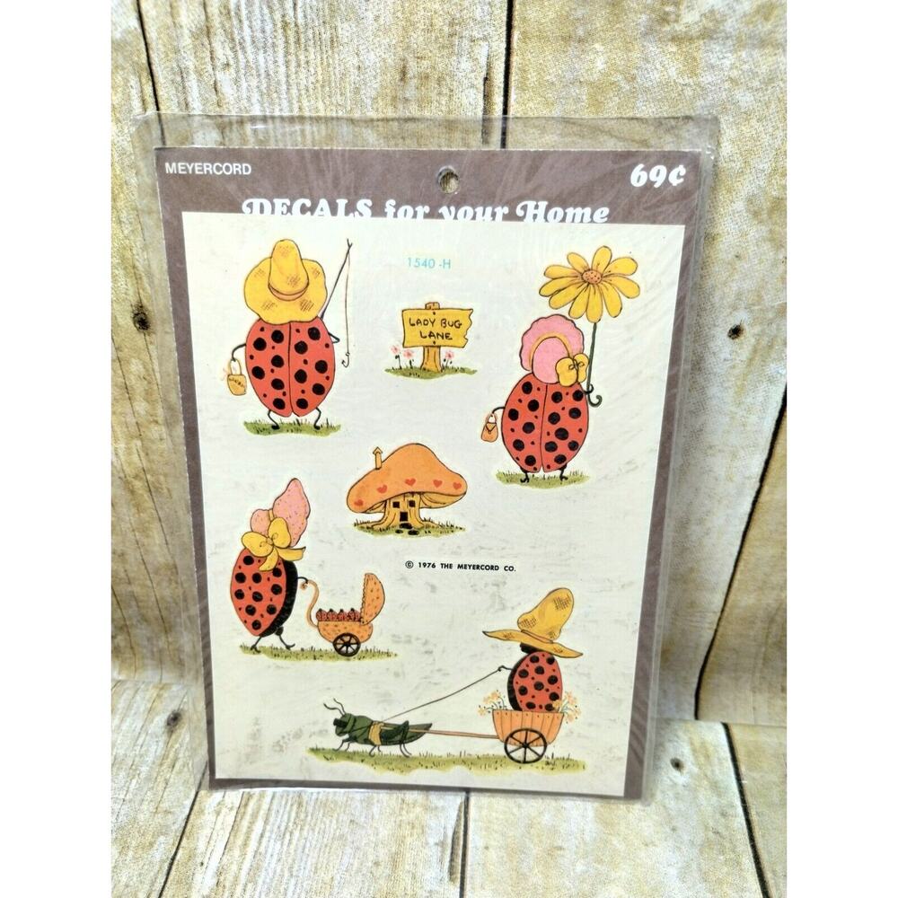 Vtg Anthropomorphic Country Lady Bug Fishing Babies House Meyercord Decal Sheet